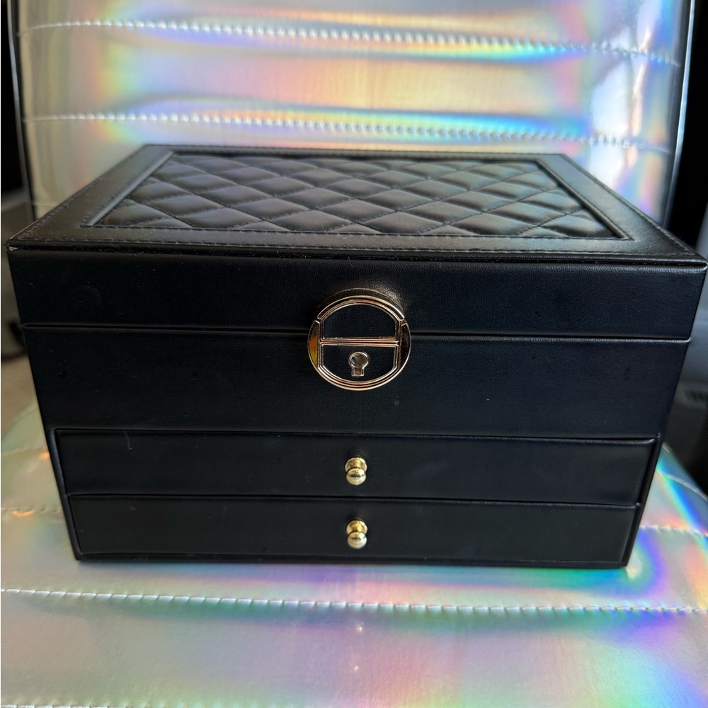 Black Quilted Jewelry Box with Gold Accents w/key